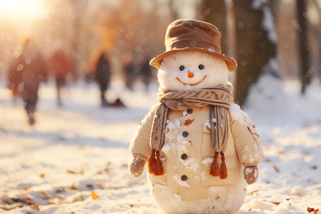 Szczęśliwy uśmiechnięty bałwan z kapeluszowym szalikiem i zimową kurtką świąteczne płatki śniegu