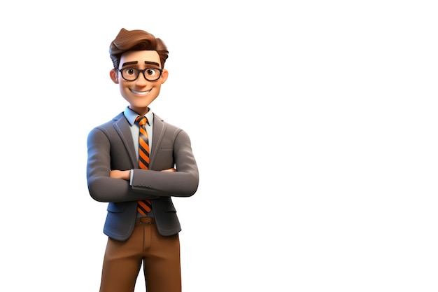Szczęśliwy uśmiechnięty bohater kreskówki pracownik biura biznesu człowiek stojący na białym pracowniku w stylu 3D