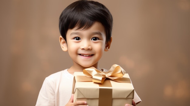 Szczęśliwy uśmiechnięty chłopiec trzyma pudełko na kolorowym tle
