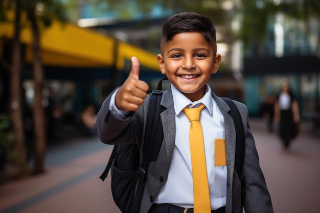 Szczęśliwy uśmiechnięty chłopiec z podniesionym kciukiem idzie do szkoły