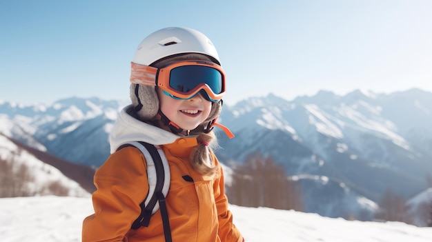 szczęśliwy uśmiechnięty dziecko snowboarder na tle pokrytych śniegiem gór na ośrodku narciarskim podczas