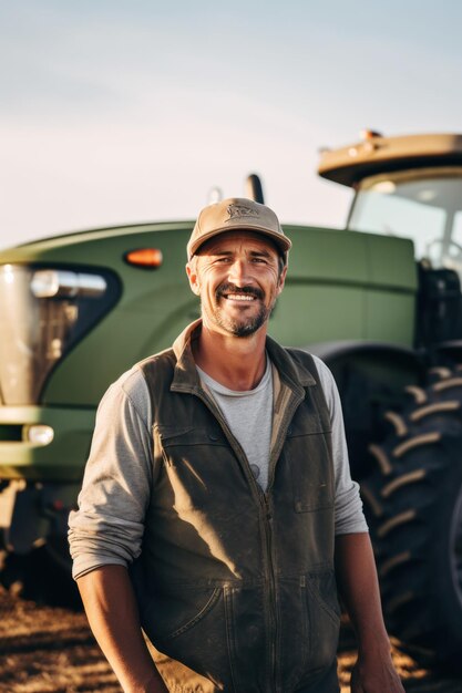 Zdjęcie szczęśliwy uśmiechnięty farmer stojący w pobliżu ciągnika lub kombajnera na polu kukurydzy rolniczej