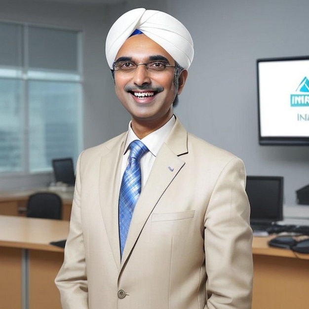 szczęśliwy uśmiechnięty indyjski biznesmen przywódca patrzy z zaufaniem stojący w biurze uśmiechający się młody profesjonalny biznesmen menedżer i wykonawca z Indii