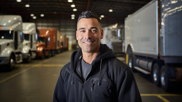 Szczęśliwy uśmiechnięty kierowca ciężarówki stworzony za pomocą technologii Generative AI