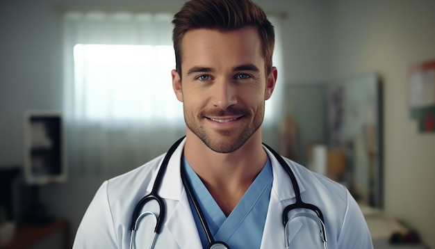 Zdjęcie szczęśliwy uśmiechnięty lekarz lub pielęgniarka ze stetoskopem przystojny i młody