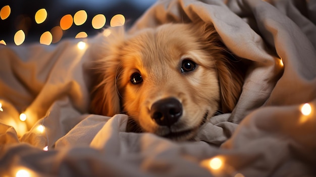 Szczęśliwy uśmiechnięty młody złoty retriever pies pod jasnoszary plaid Generative Ai