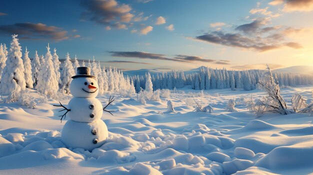 Szczęśliwy uśmiechnięty śnieżny człowiek w słoneczny zimowy dzień