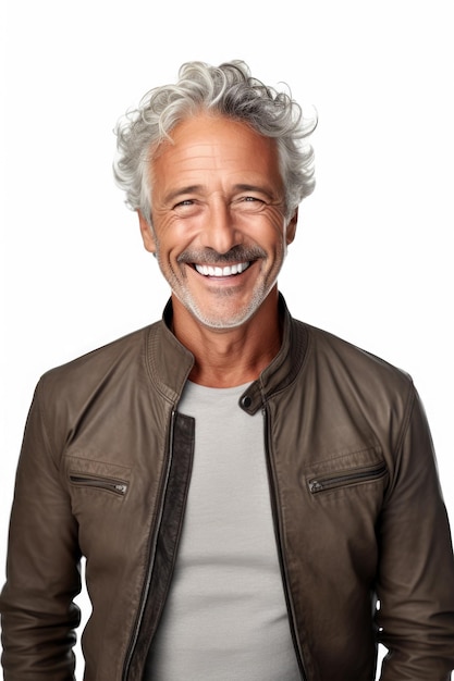 Szczęśliwy uśmiechnięty starszy starszy mężczyzna w skórzanej kurtce izolowany na białym