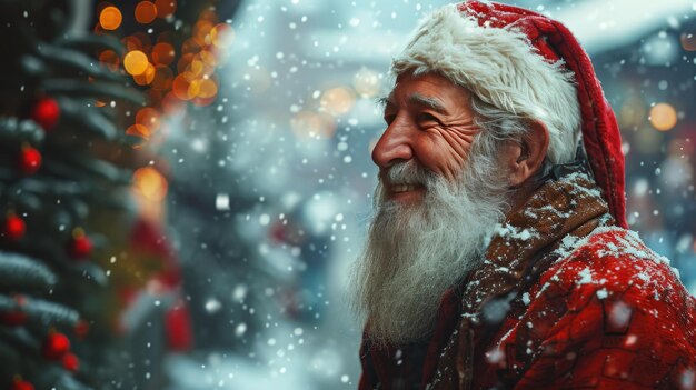 szczęśliwy uśmiechnięty Święty Mikołaj z kapeluszem na świątecznym tle