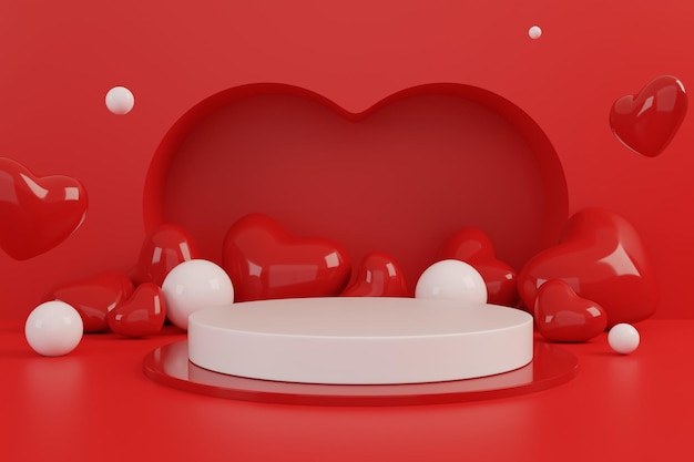 Szczęśliwy walentynkowy pastelowy czerwony podium etap i kształt serca do prezentacji produktu renderowania 3d