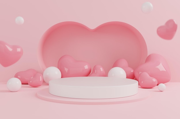 Szczęśliwy walentynkowy pastelowy różowy podium etap i kształt serca do prezentacji produktu renderowania 3d