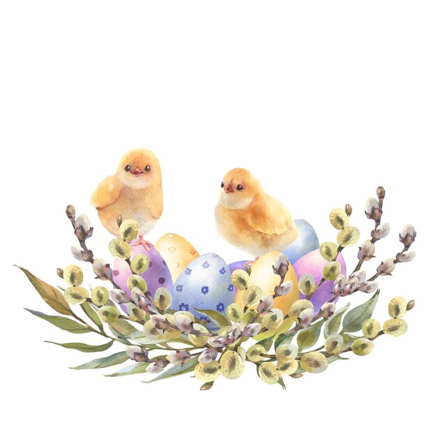 Szczęśliwy wieniec wielkanocny z małymi kurczakami kolorowe jajka i wiosenne gałązki ręcznie narysowane akwarele