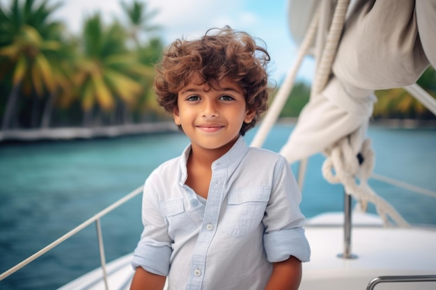szczęśliwy współczesny indyjski chłopiec na tle jachtu i tropikalnych palm