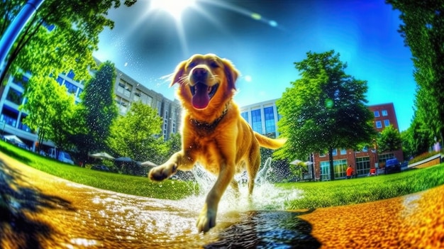 Szczęśliwy zabawny pies bawiący się w miejskim parku Szczeniak grający strzał na kamerze fisheye