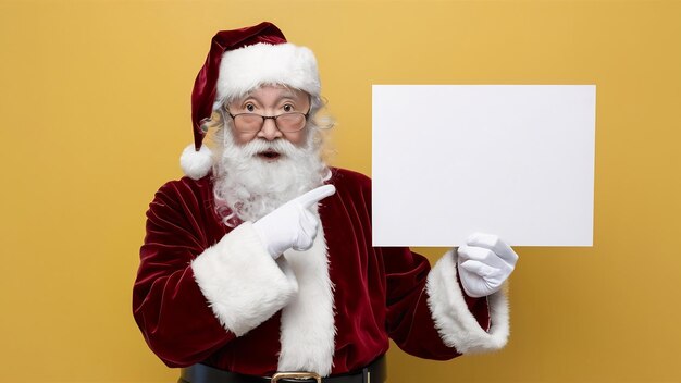 Szczęśliwy zaskoczony Święty Mikołaj wskazuje na pusty banner reklamowy na tle z przestrzenią do kopiowania