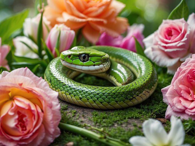 Szczęśliwy zielony wąż wiosną latem na jasnym kwiatowym tle Szczęśliwego chińskiego Nowego Roku 2025