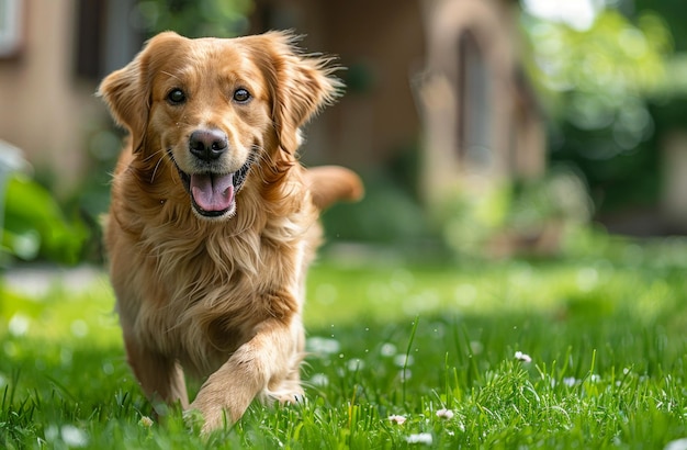 Szczęśliwy złoty retriever biegnie po trawiastym podwórku, pies się uśmiecha i dobrze się bawi.