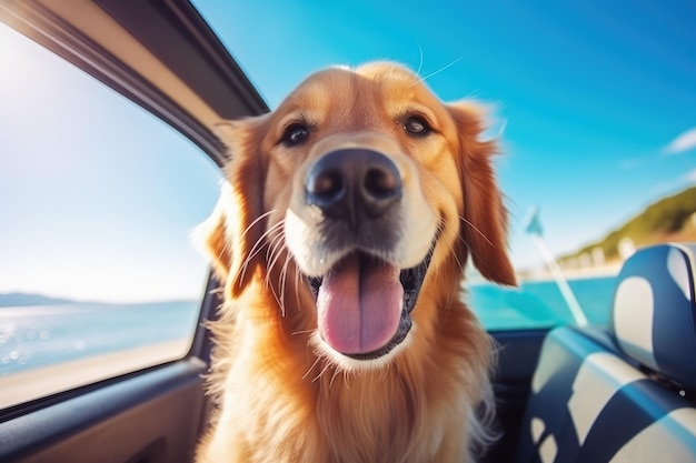 Szczęśliwy złoty retriever siedzi w niebieskim samochodzie.