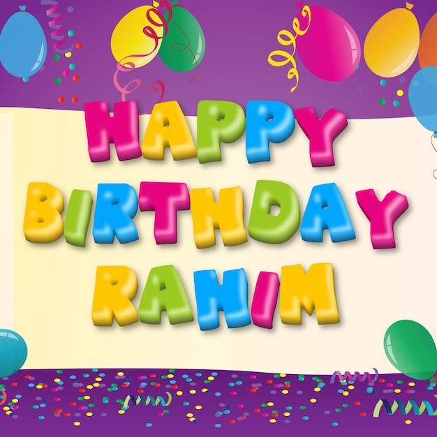 Szczęśliwych urodzin Rahim Gold Confetti Cute Balloon Card Photo Text Effect