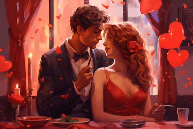 Szczęśliwych Walentynek AI ilustracje zakochanej pary na randce ozdobionej sklepem GENERATIVE AI
