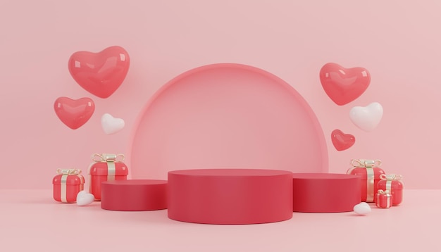 Szczęśliwych walentynek różowy kształt podium na scenie słodkiego serca i pudełko prezentowe na prezent 3D render