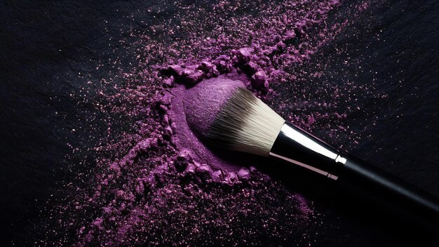 Szczotka do makijażu z fioletowym proszkiem na ciemnym tle