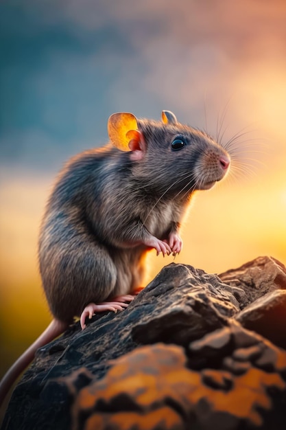 Szczur siedzący na szczycie skały ze słońcem w tle Generacyjna sztuczna inteligencja