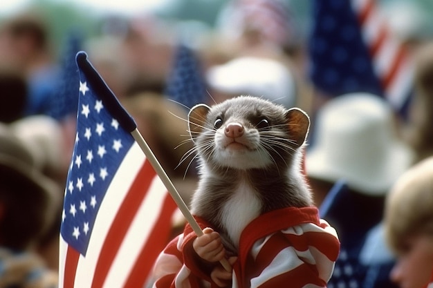 Szczur trzyma amerykańską flagę przed osobą