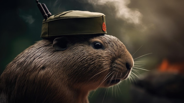 Szczur z czerwoną odznaką na kapeluszu