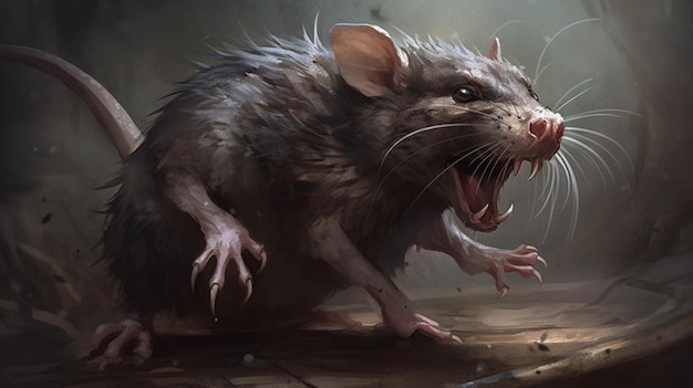Szczur z dużymi ustami jest na ciemnym tle.