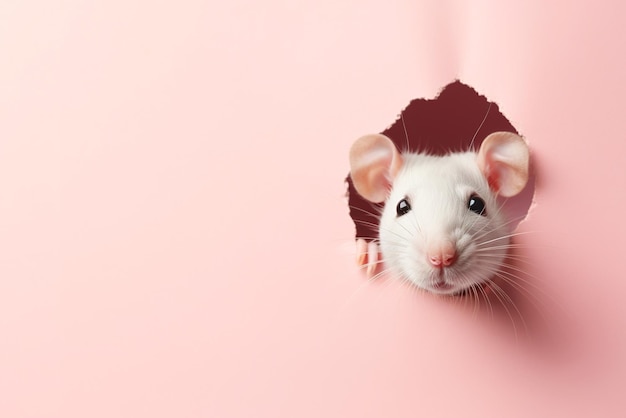 Szczur z zaskoczeniem wpatruje się przez dziurę w papierze na pastelowo-różowym tle z przestrzenią do kopiowania