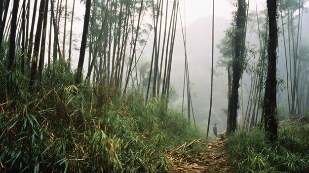 Szczyt bambusa lijiang wiejskiej mgle