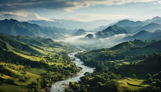 Szczyt górski mgła las łąka woda zachód słońca zielony krajobraz spokojna scena generowana przez sztuczną inteligencję