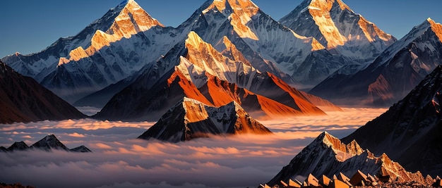 Szczyt górski tybetańskich śnieżnych gór piękna panorama gór przy zachodzie słońca