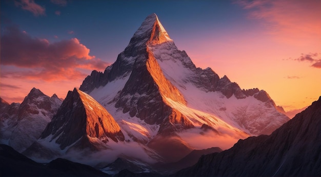 Szczyt górski wznosi się nad skalistym krajobrazem, zachód słońca maluje niebo dzięki Generative AI