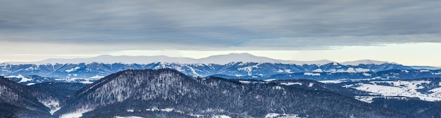 Szczyt górski ze śniegiem niesiony wiatrem Zimowy krajobraz Zimny dzień ze śniegiem
