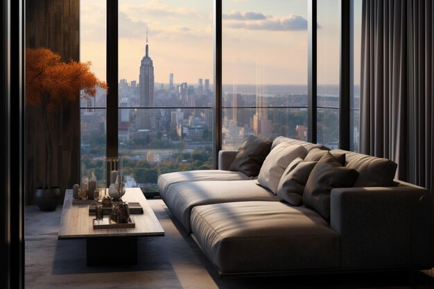 Szczytna przestrzeń mieszkalna Duży widok okna szara kanapa czarne akcenty