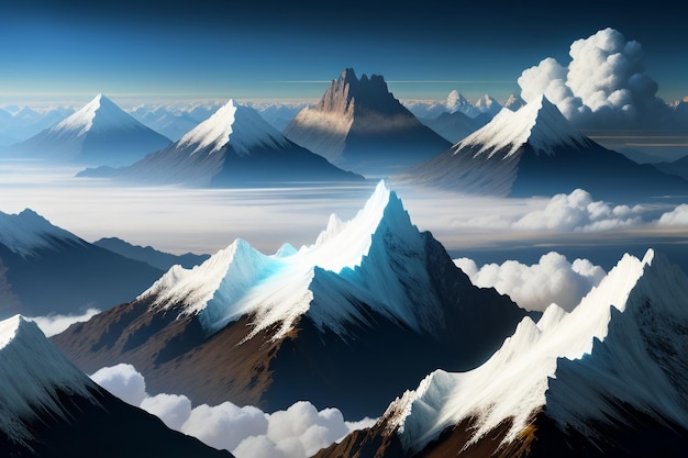 Szczyty górskie pod błękitnym niebem i białymi chmurami naturalna sceneria tapeta fotografia tła