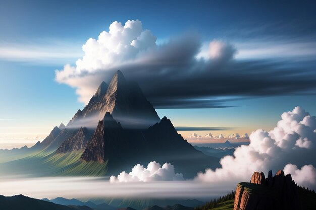 Szczyty górskie pod błękitnym niebem i białymi chmurami naturalna sceneria tapeta fotografia tła