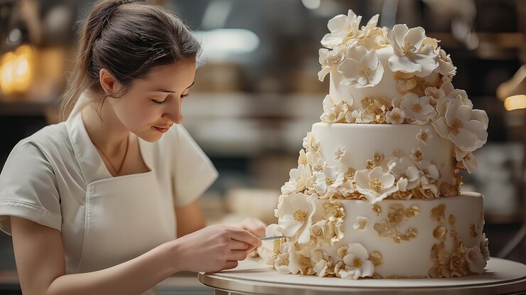 Szef cukierni ozdabia elegancki tort ślubny skomplikowanymi kwiatowymi szczegółami