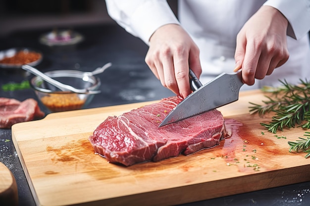 Szef kuchni cięcie mięsa stek nożem na podłoże drewniane