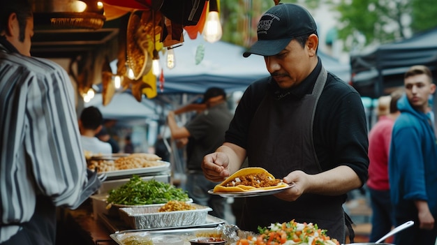 Szef kuchni daje Tacos człowiekowi na ulicznym targu spożywczym