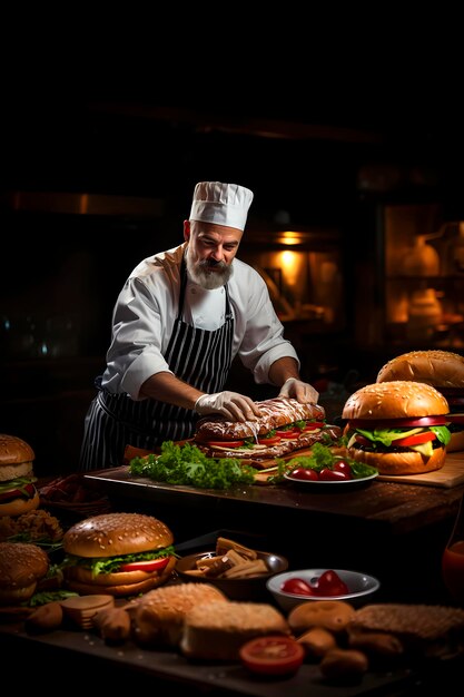 Szef kuchni gotuje duży hamburger Koncepcja restauracji fast food Projekt menu dla restauracji kawiarni