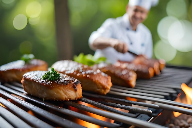 szef kuchni gotuje na grillu z szefem kuchni w kapeluszu szefa kuchni