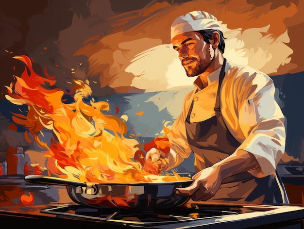 Szef kuchni gotuje na patelni na ilustracji ognia