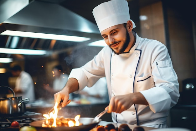 Szef kuchni gotuje w kuchni restauracji