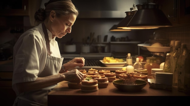 Szef kuchni, kobieta rasy kaukaskiej, w średnim wieku, przygotowuje danie w kuchni Generative AI AIG22