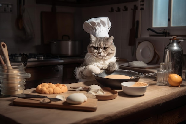 Szef kuchni kotów przygotowuje ucztę śniadaniową z puszystych naleśników, jajecznicy i bekonu