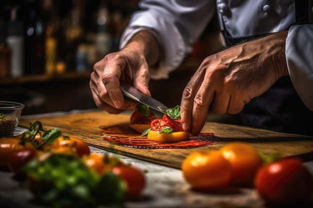 Szef kuchni kroi pomidora na drewnianej desce w kuchni restauracji