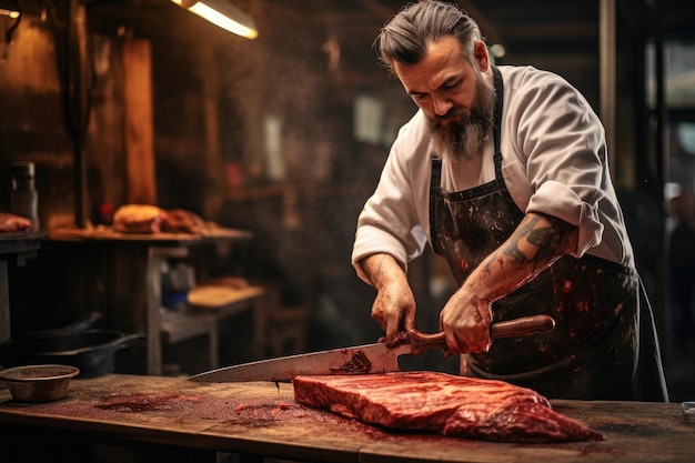 Szef kuchni krojący mięso na desce do krojenia w kuchni w restauracji Rzeźnik ostrzący duży tasak do mięsa AI Generated